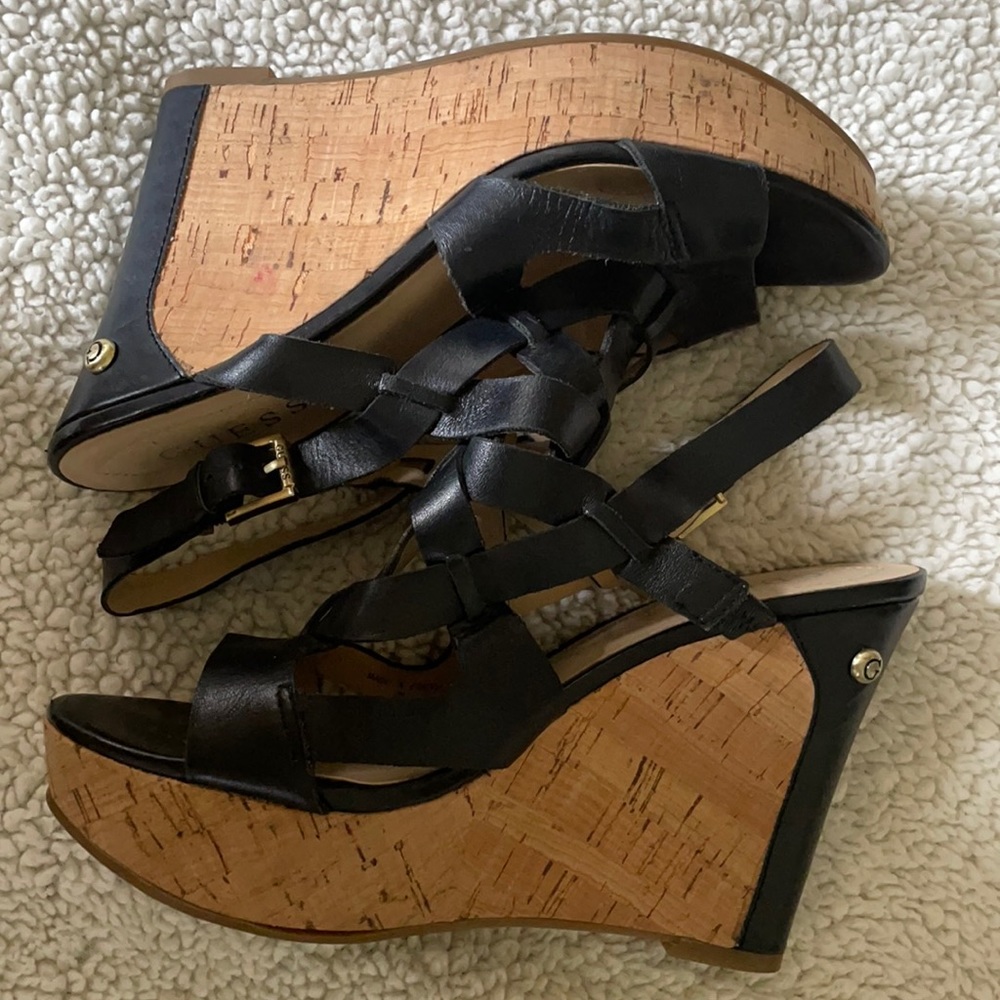 Guess Black Strappy Cork Wedge